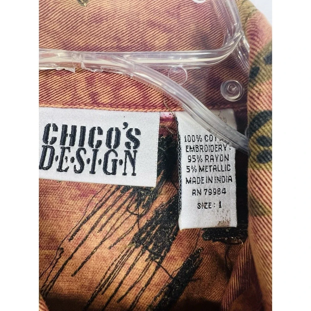 Chico's Design Womens Size 1/M Beaded Tropical Leaf Print Button Front Blazer